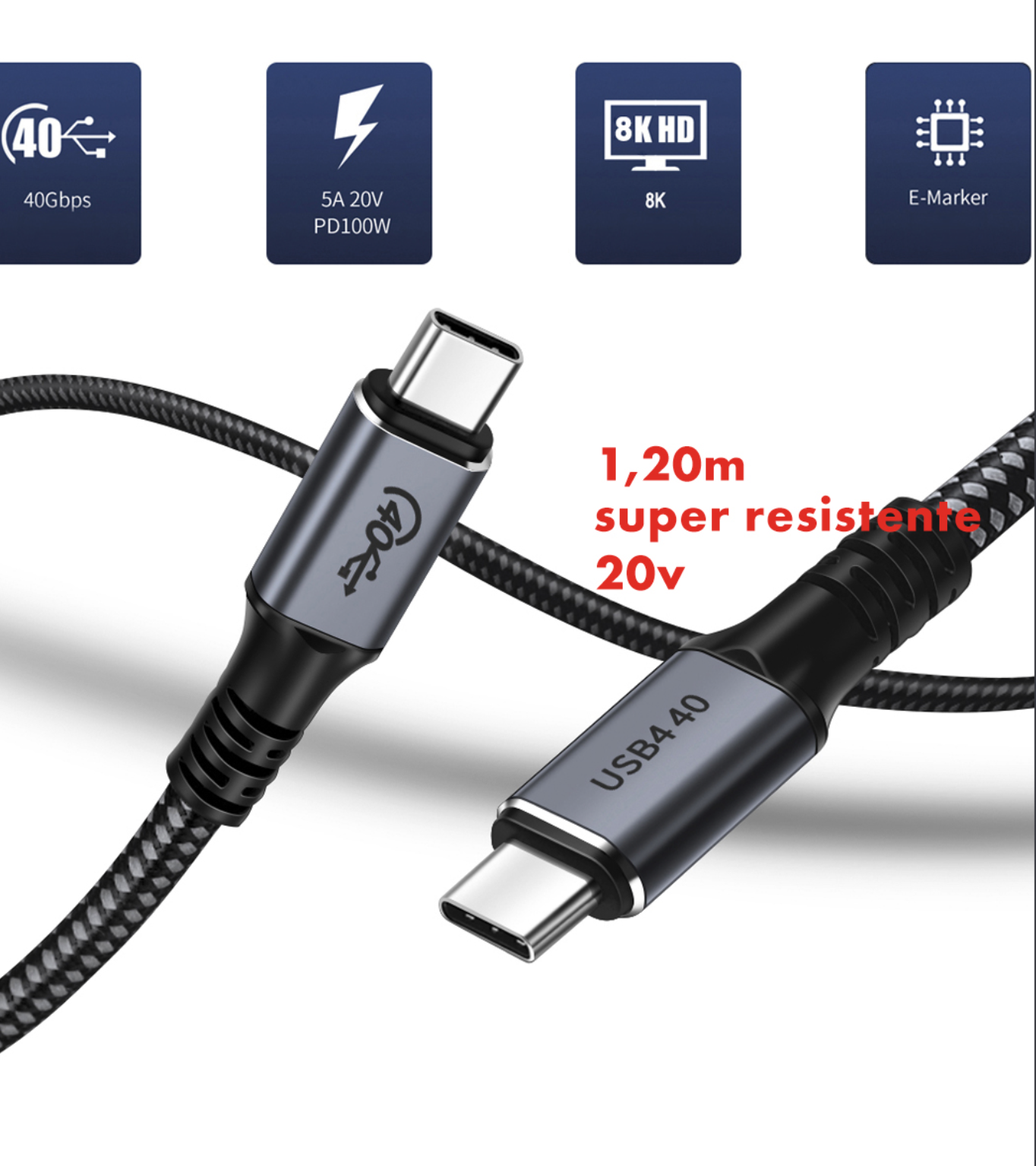 Cabo - USB-C Macho para USB-C Macho - Acabamento em Tecido - 1,20M - COD:LND