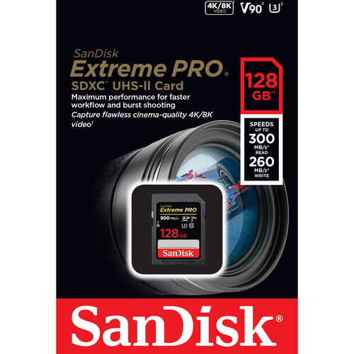 Cartão de Memoria - SanDisk - 128GB - Extreme PRO - 300Mb/s - V90 - SDXC - UHS-II - COD:LNDSE