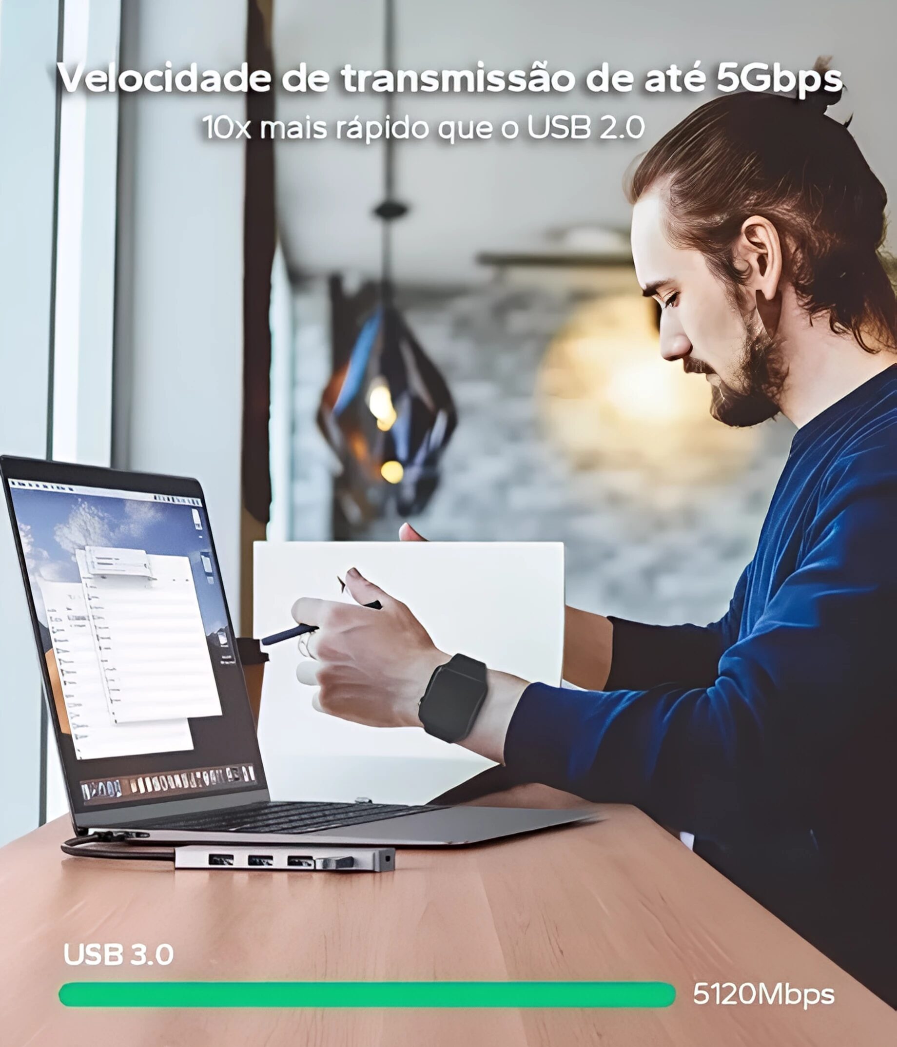 Hub UGREEN - 5 in 1 - Cabo USB-C com 4 Portas USB + 1 Entrada USB-C - 3.0 - CM219 - COD:LND - Imagem 3