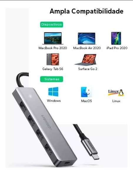 Hub UGREEN - 5 in 1 - Cabo USB-C com 4 Portas USB + 1 Entrada USB-C - 3.0 - CM219 - COD:LND - Imagem 6