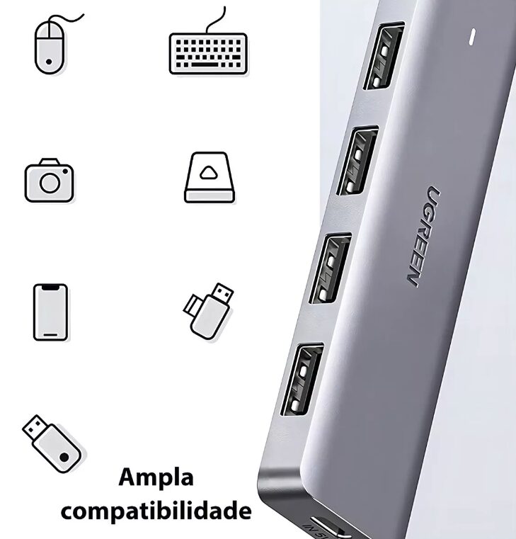 Hub UGREEN - 5 in 1 - Cabo USB-C com 4 Portas USB + 1 Entrada USB-C - 3.0 - CM219 - COD:LND - Imagem 5