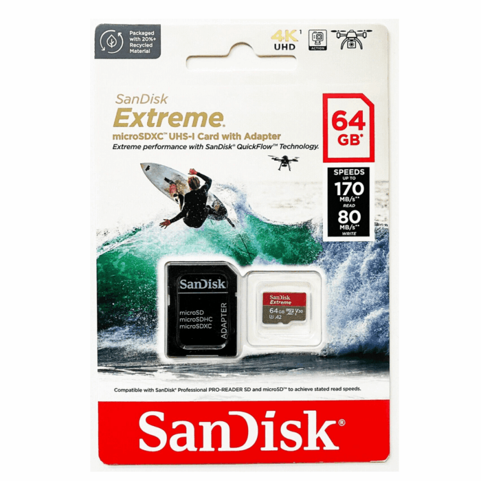 Cartão MicroSDXC 64GB – SANDISK – Extreme – 170MB/s – UHS-I / V30 / U3 / A2 / Classe 10 – 4K - Z - DCP