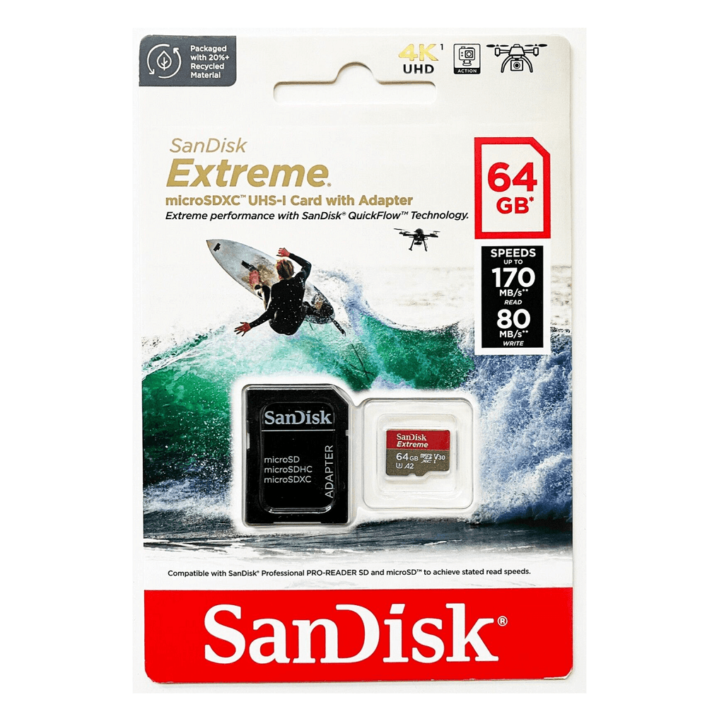 Cartão MicroSDXC 64GB – SANDISK – Extreme – 170MB/s – UHS-I / V30 / U3 / A2 / Classe 10 – 4K - Z - DCP