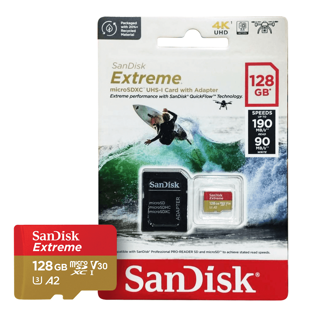 Cartão MicroSDXC 128GB – SANDISK – Extreme – 190MB/s – UHS-I / V30 / U3 / A2 – 4K - Z - DCP